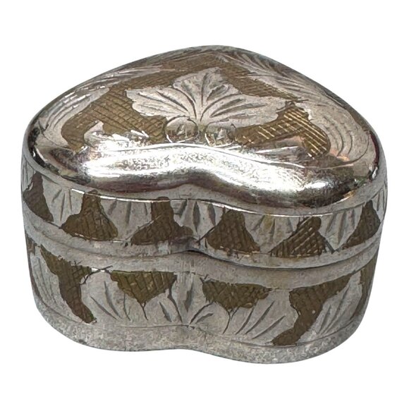 Heart-Shaped Silver & Brass Leaf Trinket Jewelry Ring Gift Box 2" Etched India - Picture 10 of 11